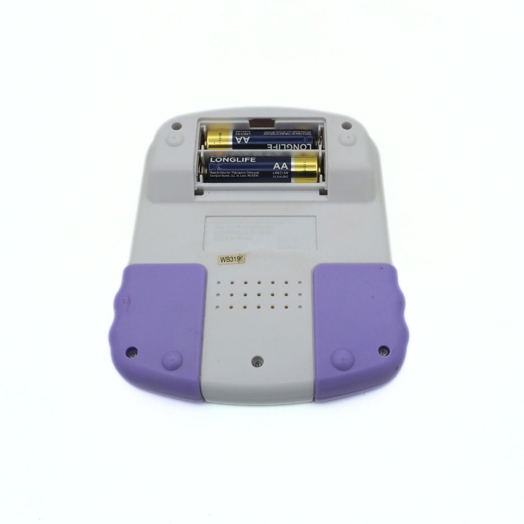 Purple and gray electronic device with battery compartment on a white background
