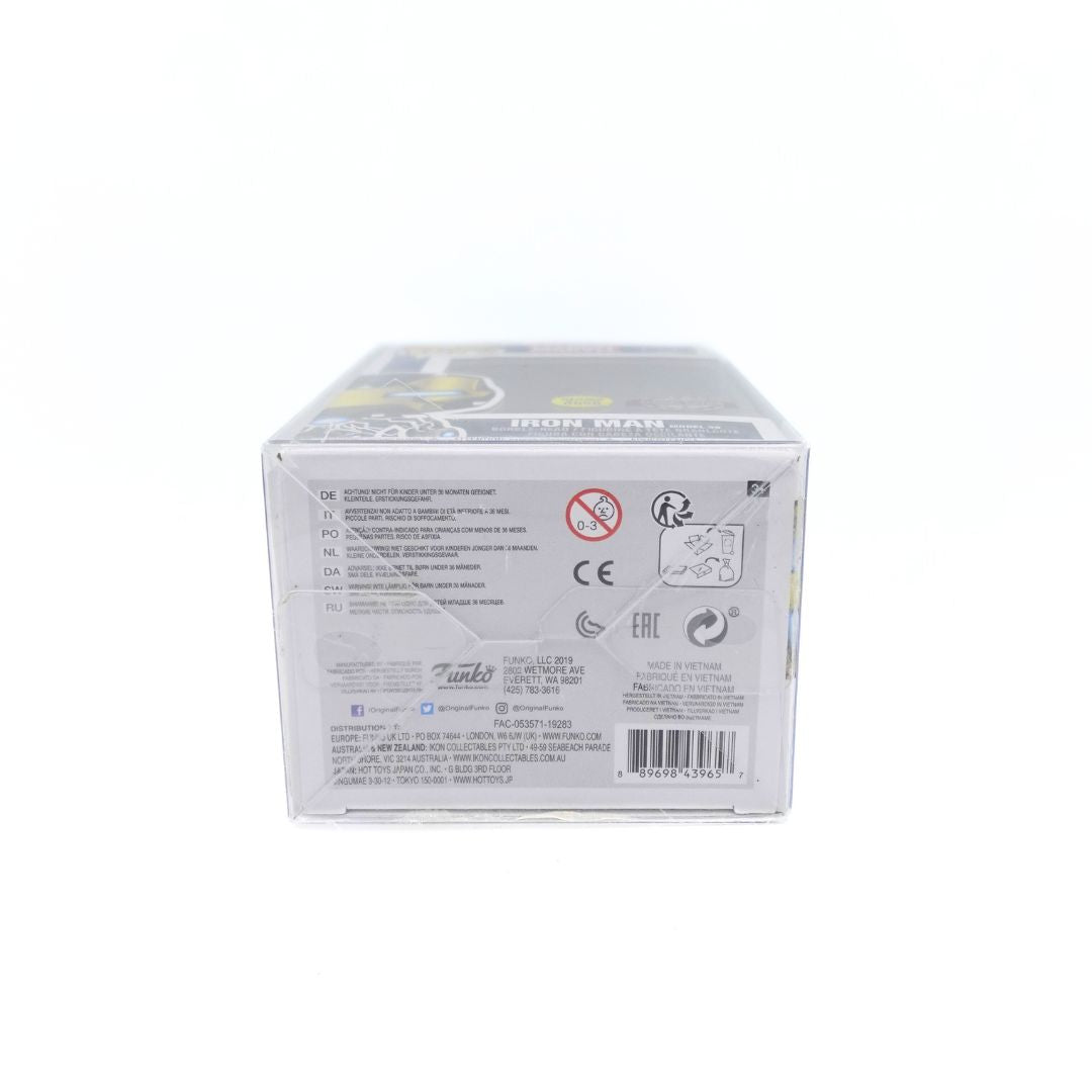 Bottom of the Funko Pop Iron Man 555 Model 39 with copyright and safety information