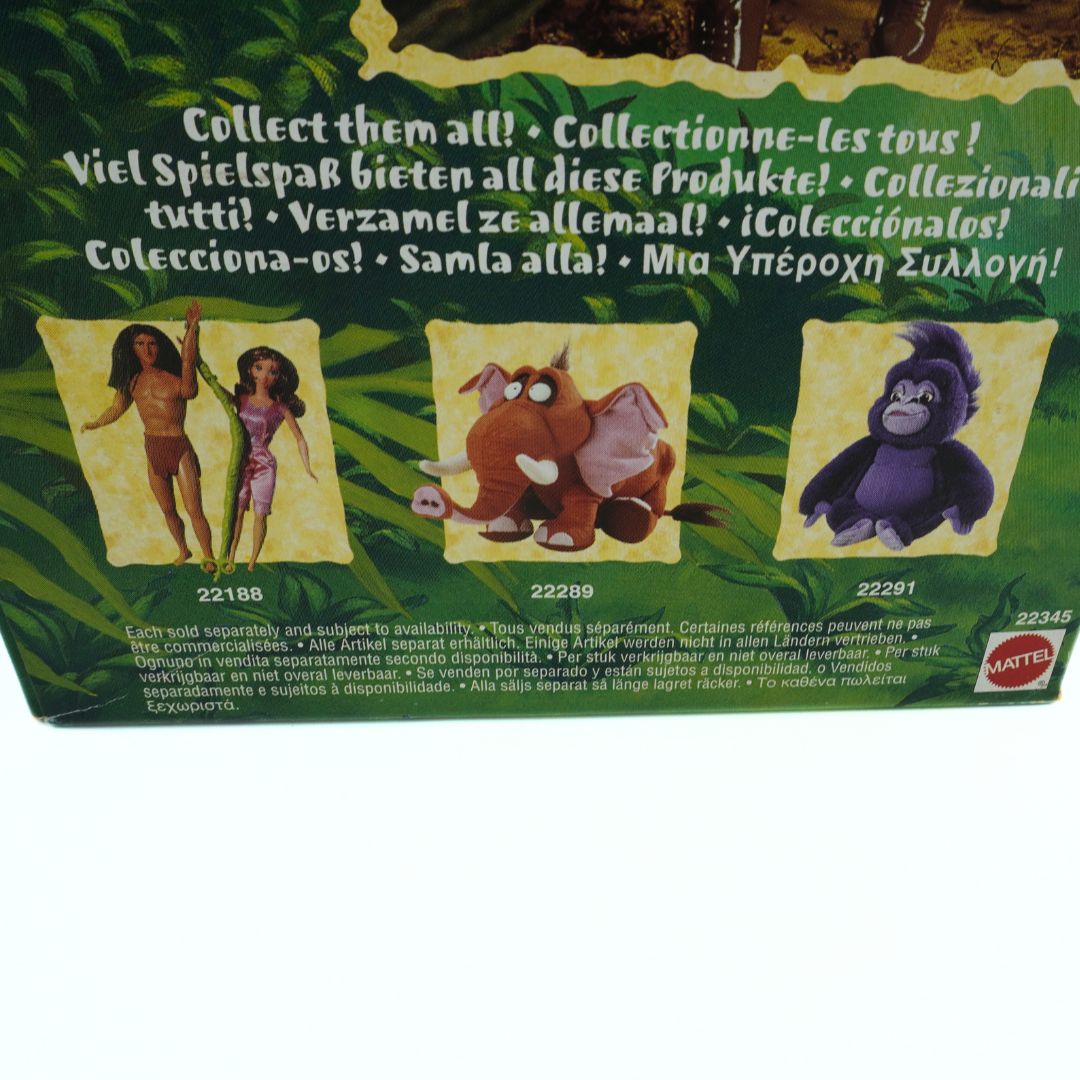 Closeup of the back of the Tarzan Jane Mattell doll showing the other toys in the collection