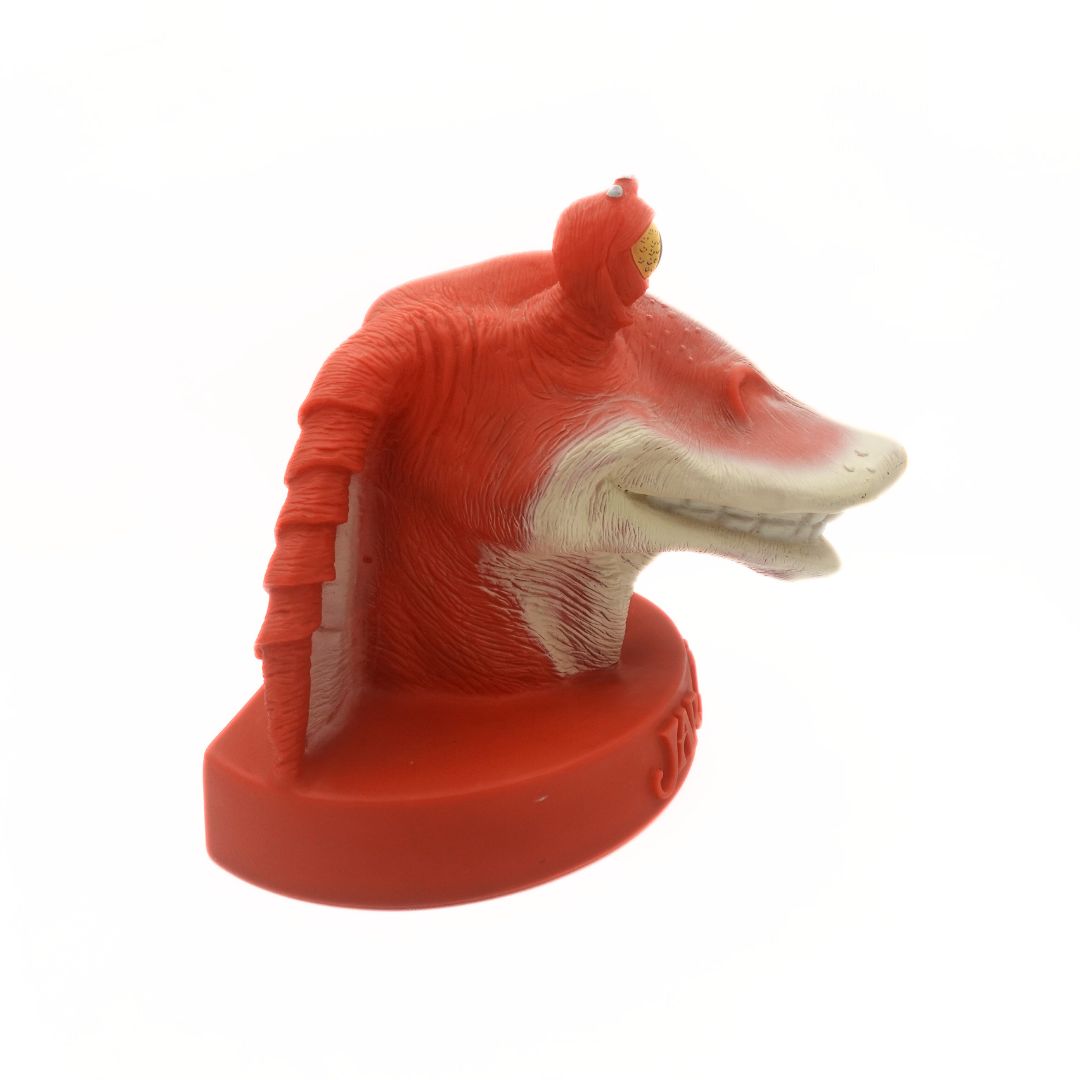 Side on photo of a large rigid plastic money box bust of Jar Jar Binks from Star Wars