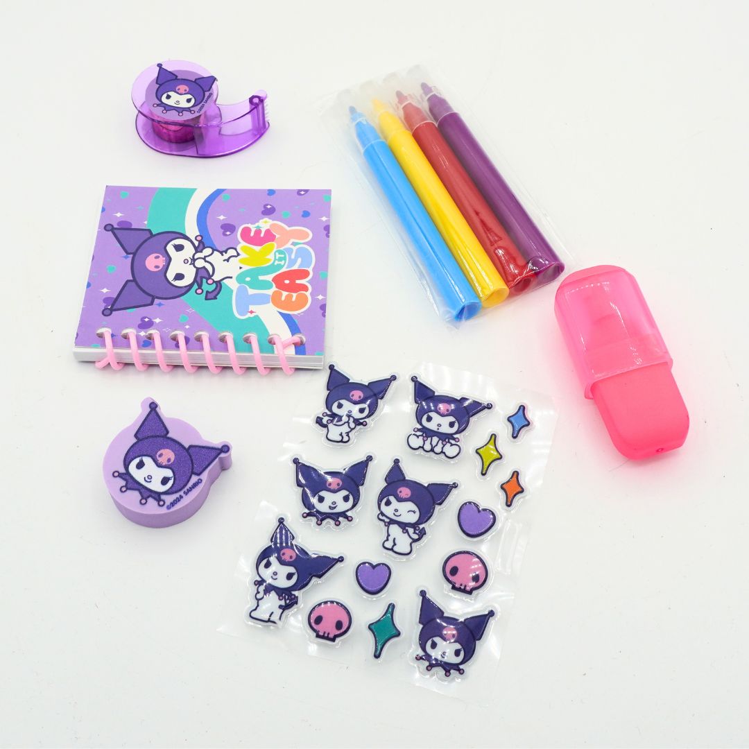 A Kuromi-themed stationery set on a white background, including a purple spiral notebook, highlighters, a pink eraser, stickers, and a washi tape dispenser.