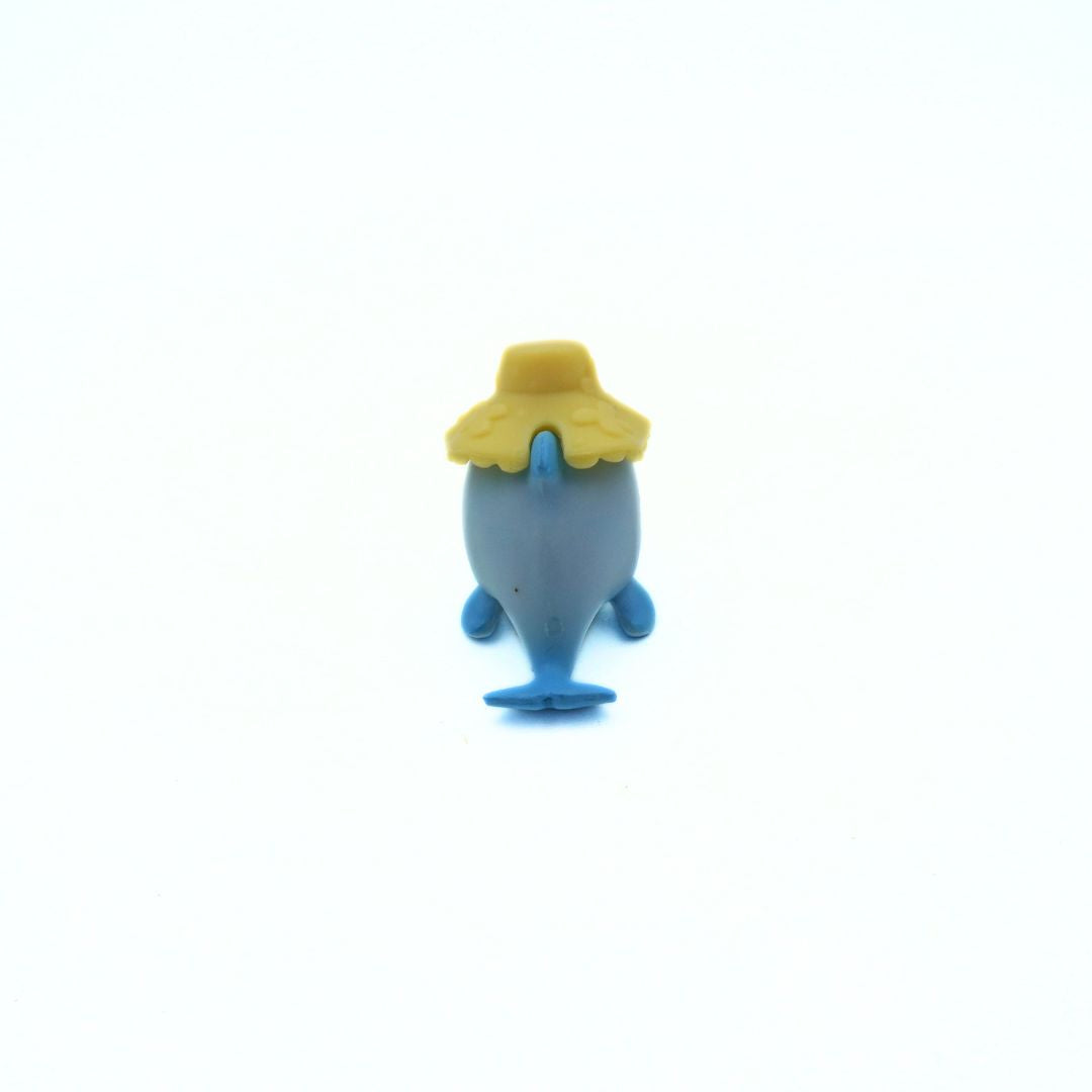 Small blue figurine with a yellow hat on a white background