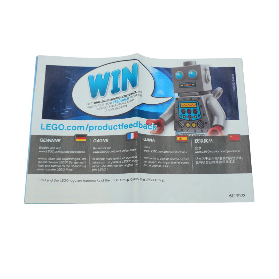 A folded printed LEGO feedback card or brochure page on a white background, featuring a robot illustration, large 'WIN' text, LEGO website feedback text, and small country flags.