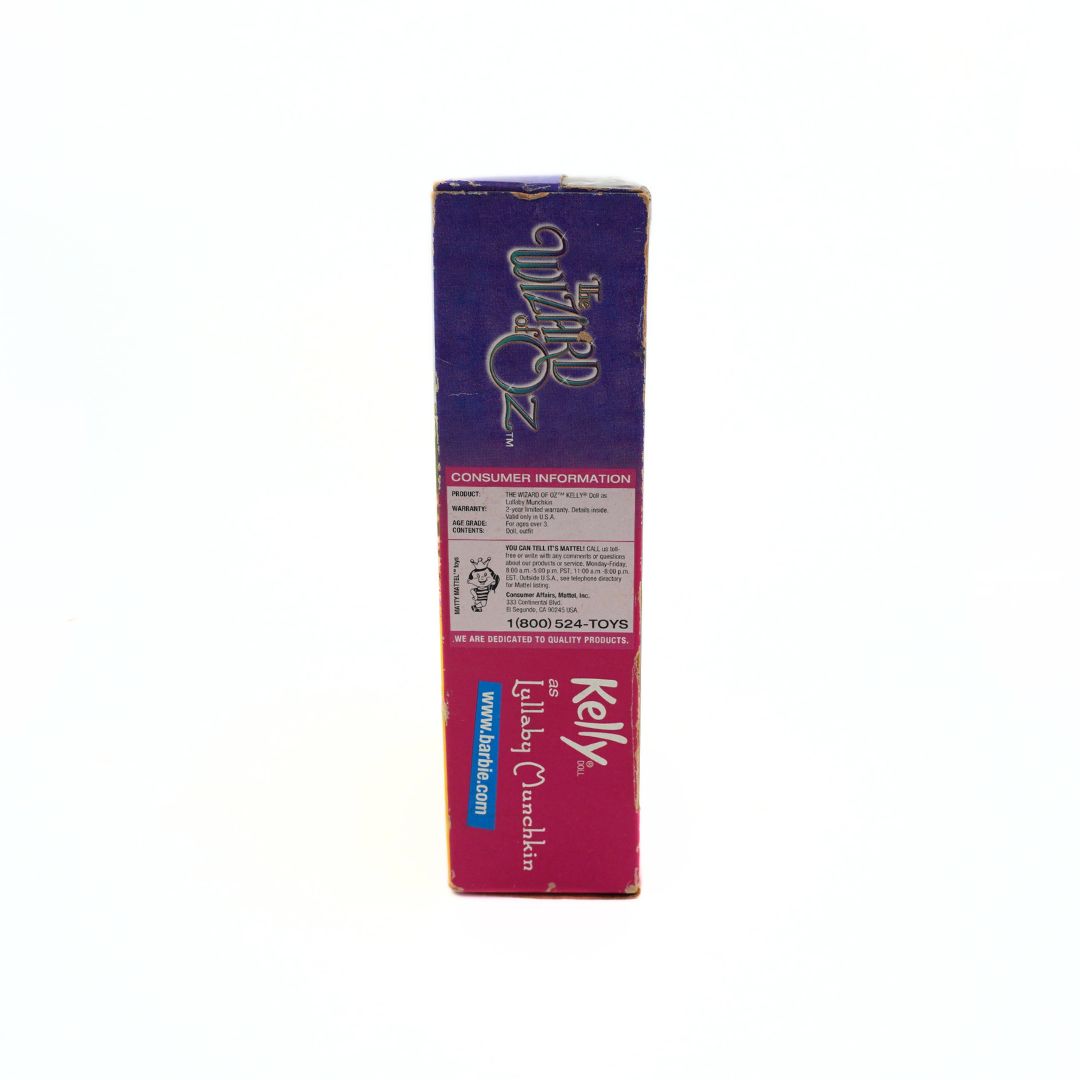Customer information and branding on the side of a Lullaby Munchkin Mattel box