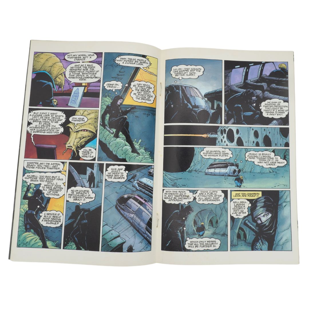 Comic book page with multiple panels showing a scene with a character and alien.
