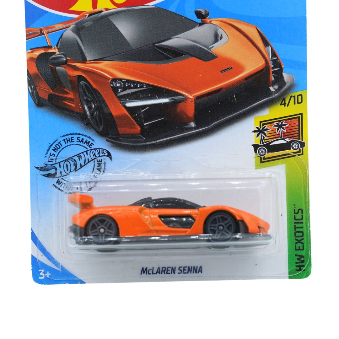 Front on image of a Hot Wheels toy car featuring a bright orange McLaren Senna