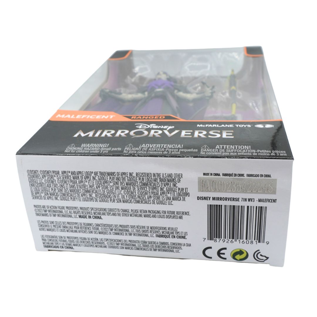 Box packaging of Disney Mirrorverse Maleficent figure by McFarlane Toys on a white background