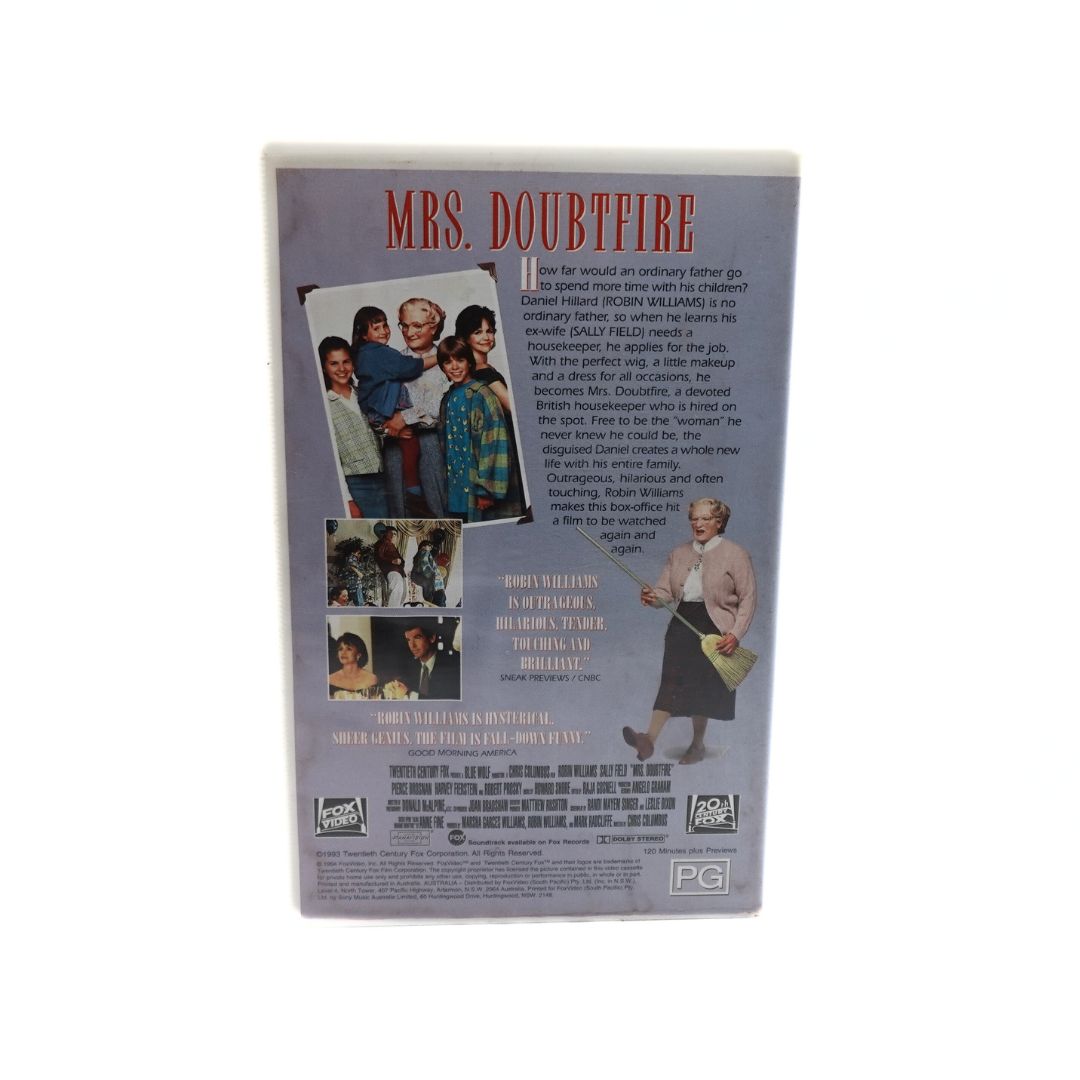 Photo of the back of a Mrs. Doubtfire VHS clamshell case