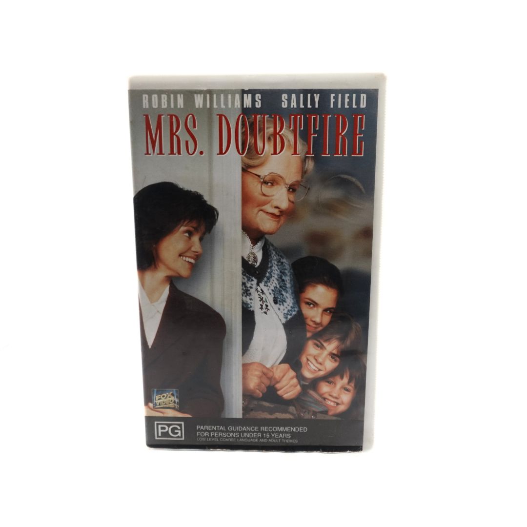 Photo of the front of the Mrs. Doubtfire VHS clamshell case