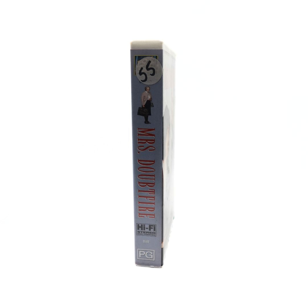 Side on photo of the Mrs. Doubfire VHS showing a sticker numbered 55