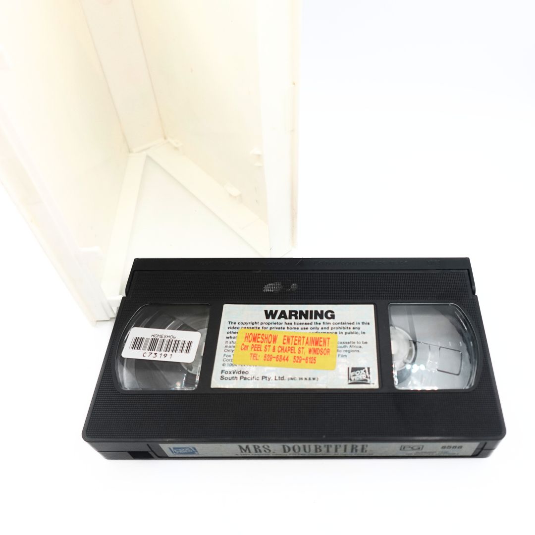Top down photo of a Mrs. Doubtfire VHS tape by Fox Video