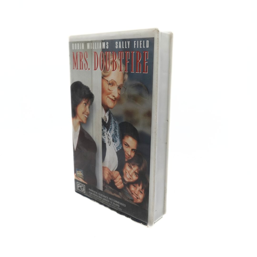 Photo of the front of the Mrs. Doubtfire VHS clamshell case