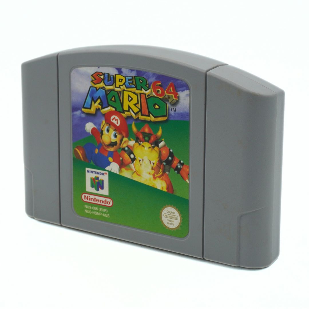 Super Mario 64 game cartridge for Nintendo 64 on a white background