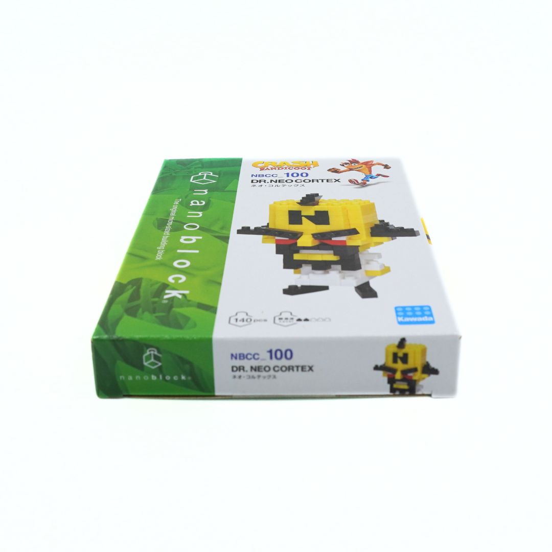 A boxed toy set labeled 'nanoblock' and 'NBCC. 100 DR.