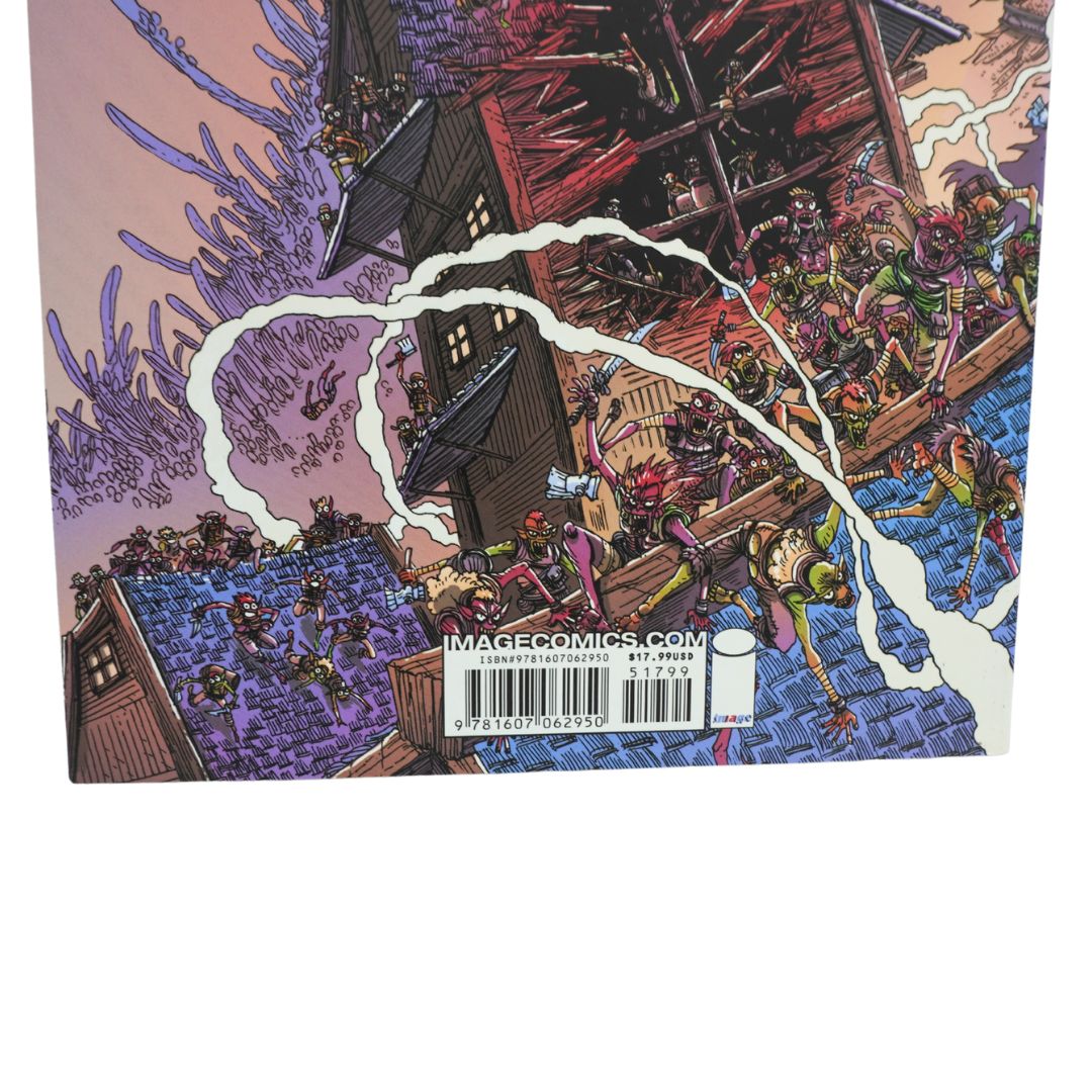 Comic book cover or comic book back cover featuring a highly detailed, colorful illustration of a chaotic battle scene with characters and a large wooden structure. A barcode label with the text 'IMAGECOMICS.