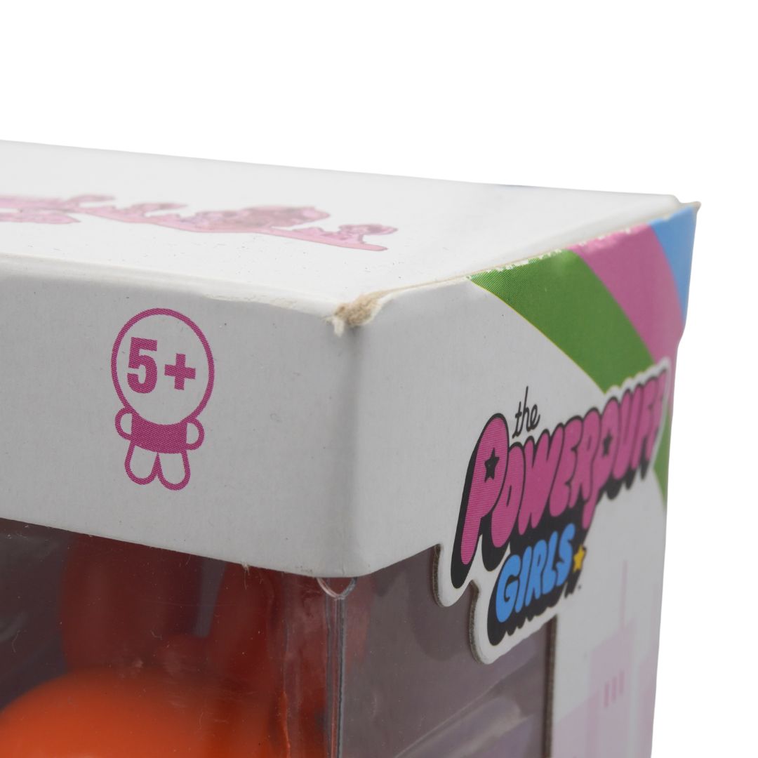 Close-up of a box with 'The Powerpuff Girls' branding and a character age guideline.