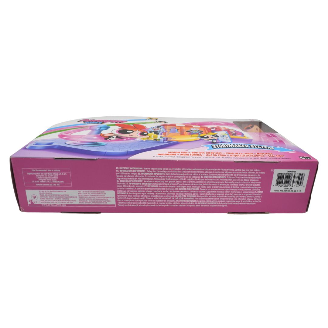 Pink toy box with colorful graphics on a white background