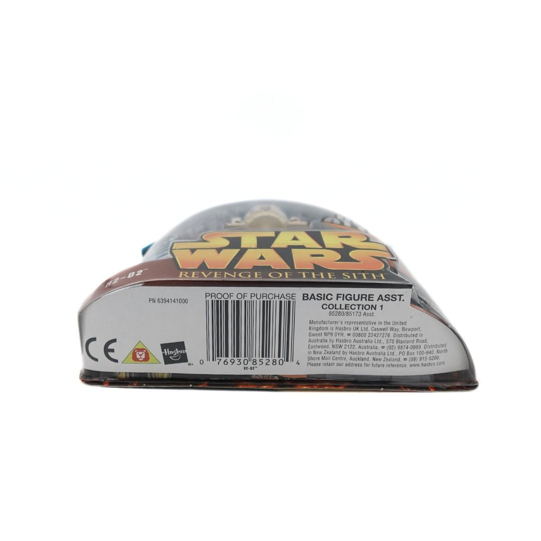 Underside of a vintage 2005 R2-D2 Droid Attack toy showing the barcode and copyright information