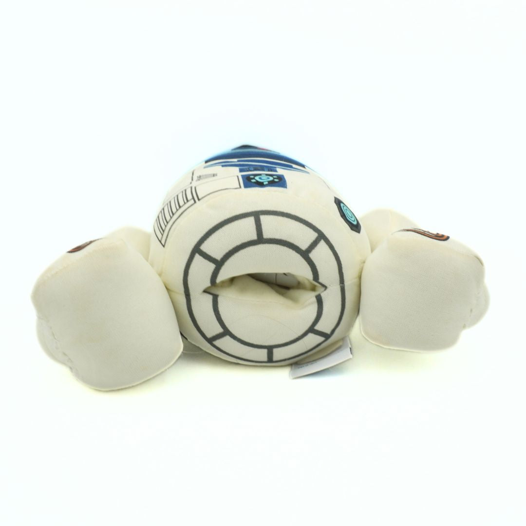 Plush toy of R2-D2 showing the battery cover