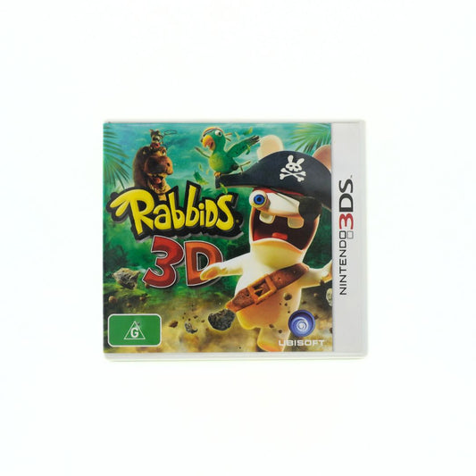 Nintendo 3DS game case titled 'Rabbids 3D' with a pirate-themed character on a white background