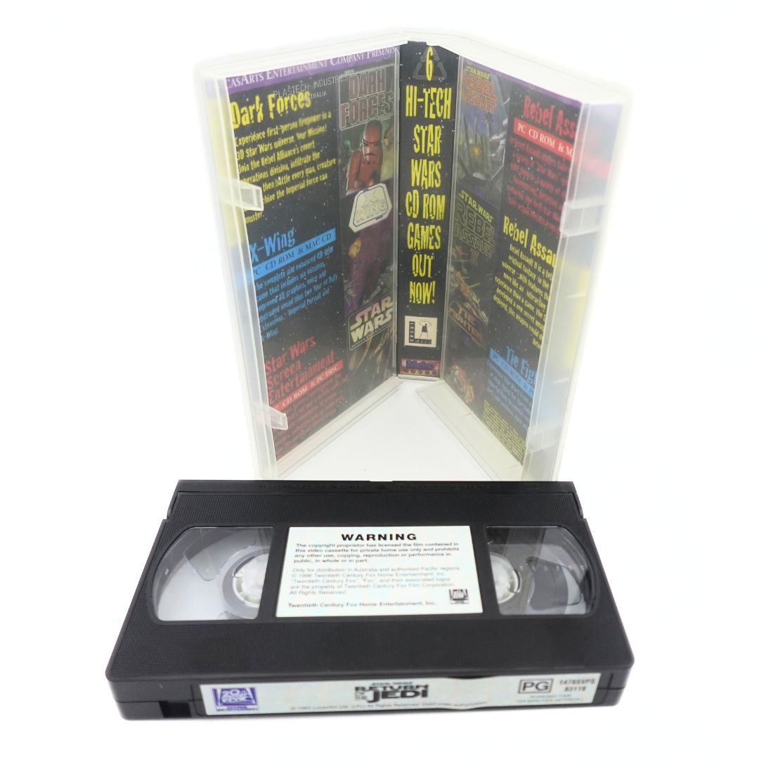 Photo of the inside of the Return of the Jedi VHS clamshell case and tape