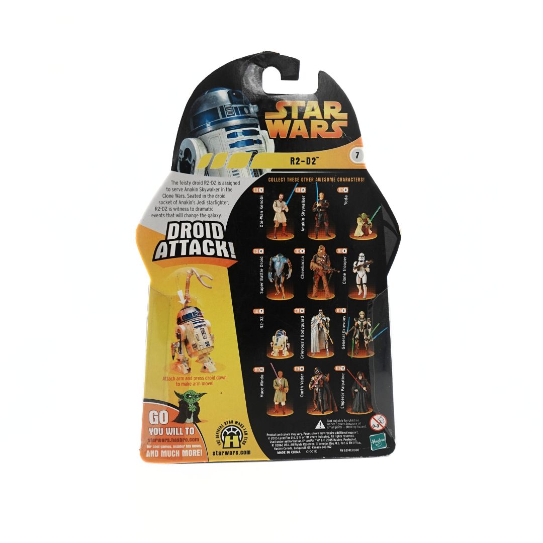 Cardback on an unopened 2005 Star Wars R2-D2 Droid attack released in line with Revenge of the Sith showing the other toys in the collection