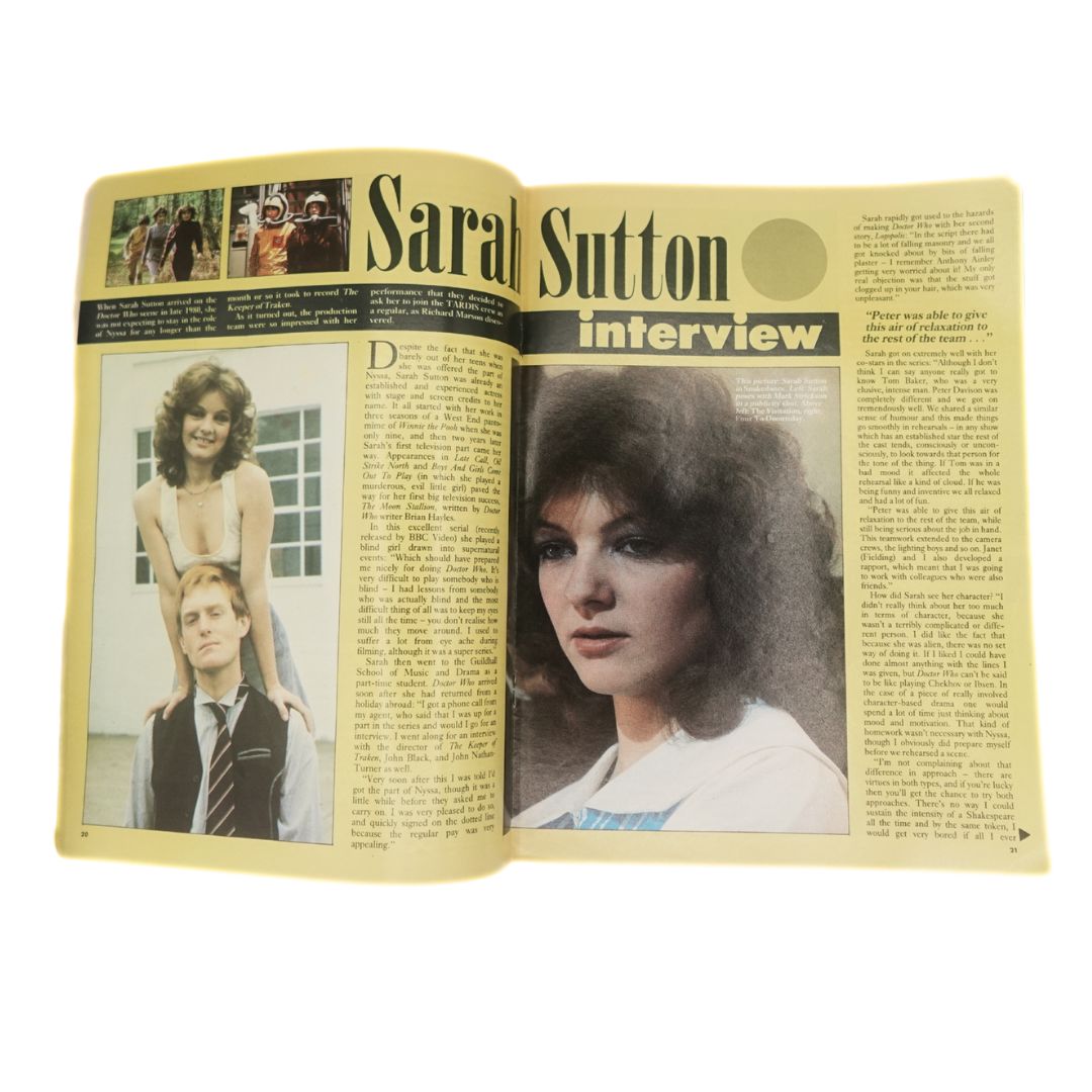 Internal pages from the Doctor Who Magazine issue 110 featuring a double page colour interview with Sarah Sutton