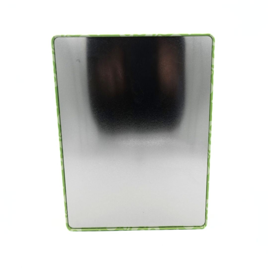 Back of a vintage Scooby Doo tin rectangle box showing the green trim on the sides