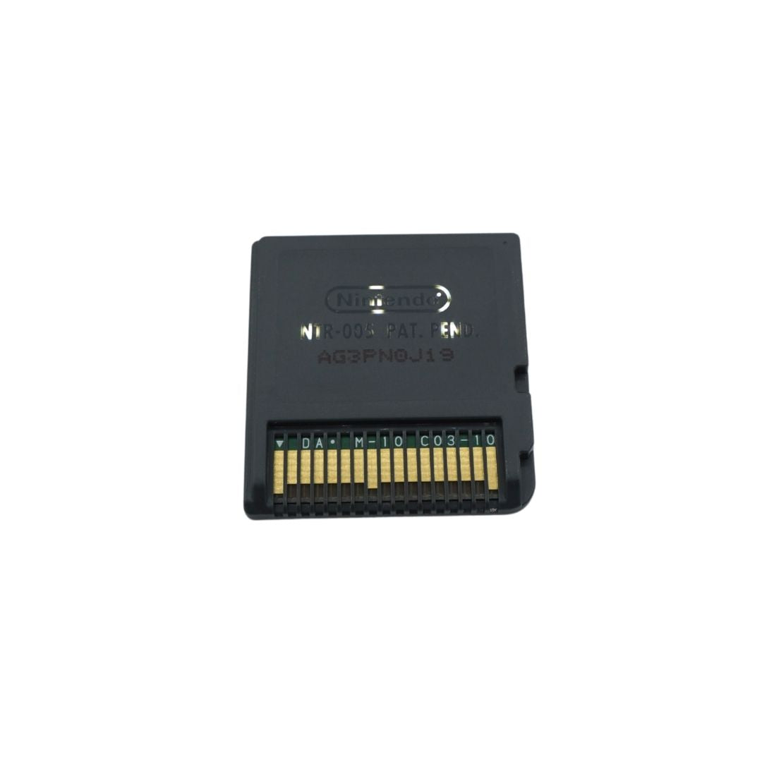 A Nintendo game cartridge shown from the back, featuring a black plastic casing and gold metal contacts, isolated on a white background.