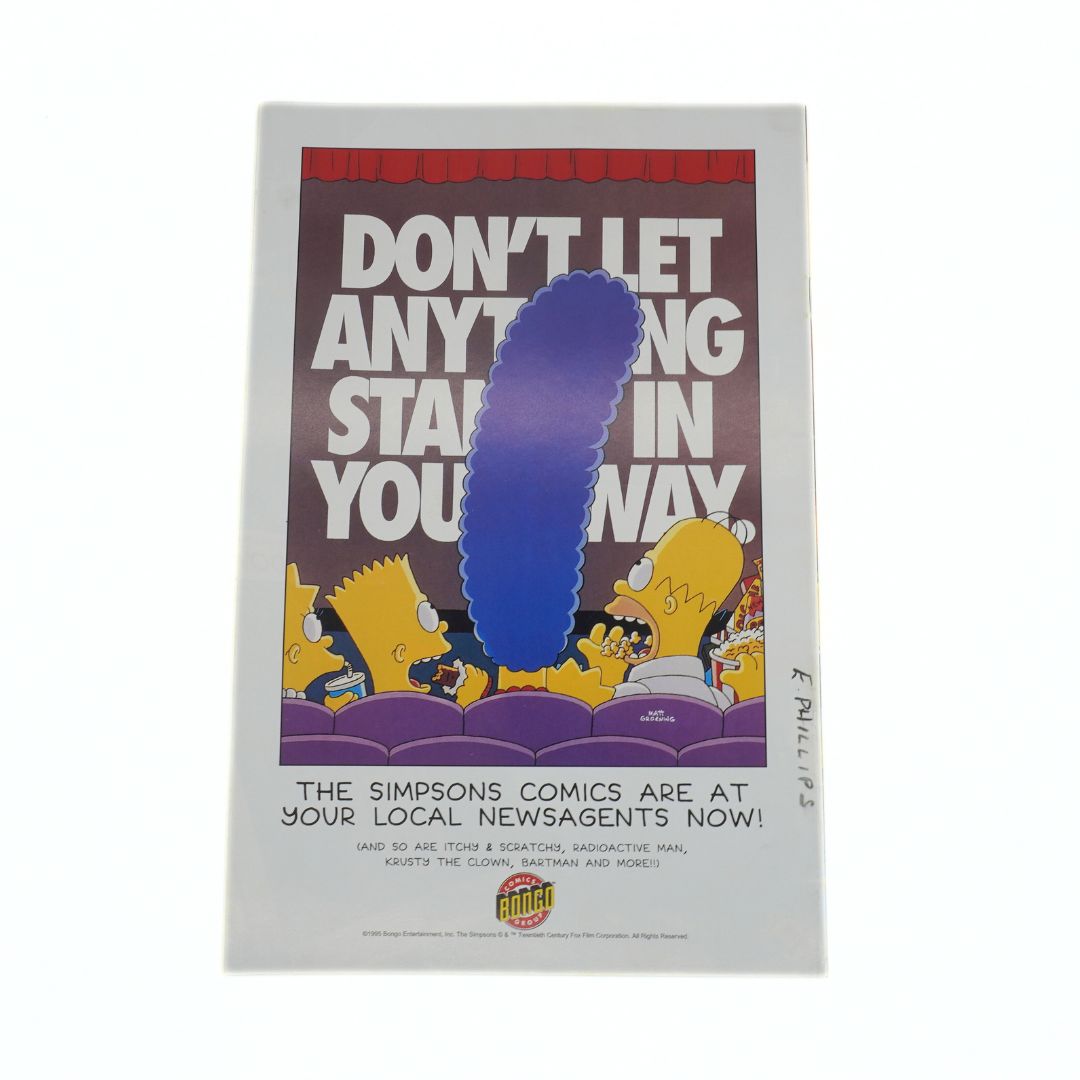 Advertisement for The Simpsons comics with Homer Simpson and blue object on a white background