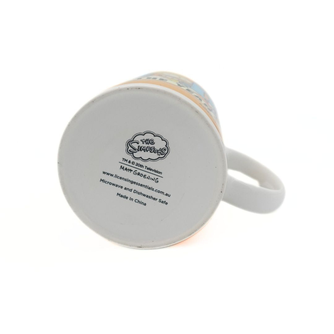 Underside of a Homer Simpson mug featuring branding of 20th Television and Matt Groening, alongside The Simpsons logo