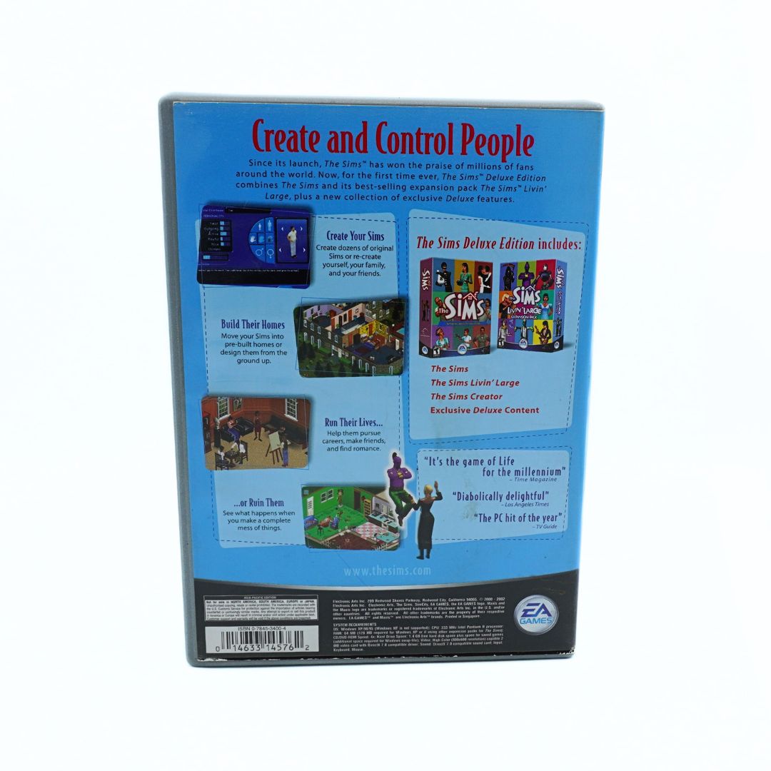 Back cover of The Sims Deluxe Edition, released in 2002 with a blue and black colour palette