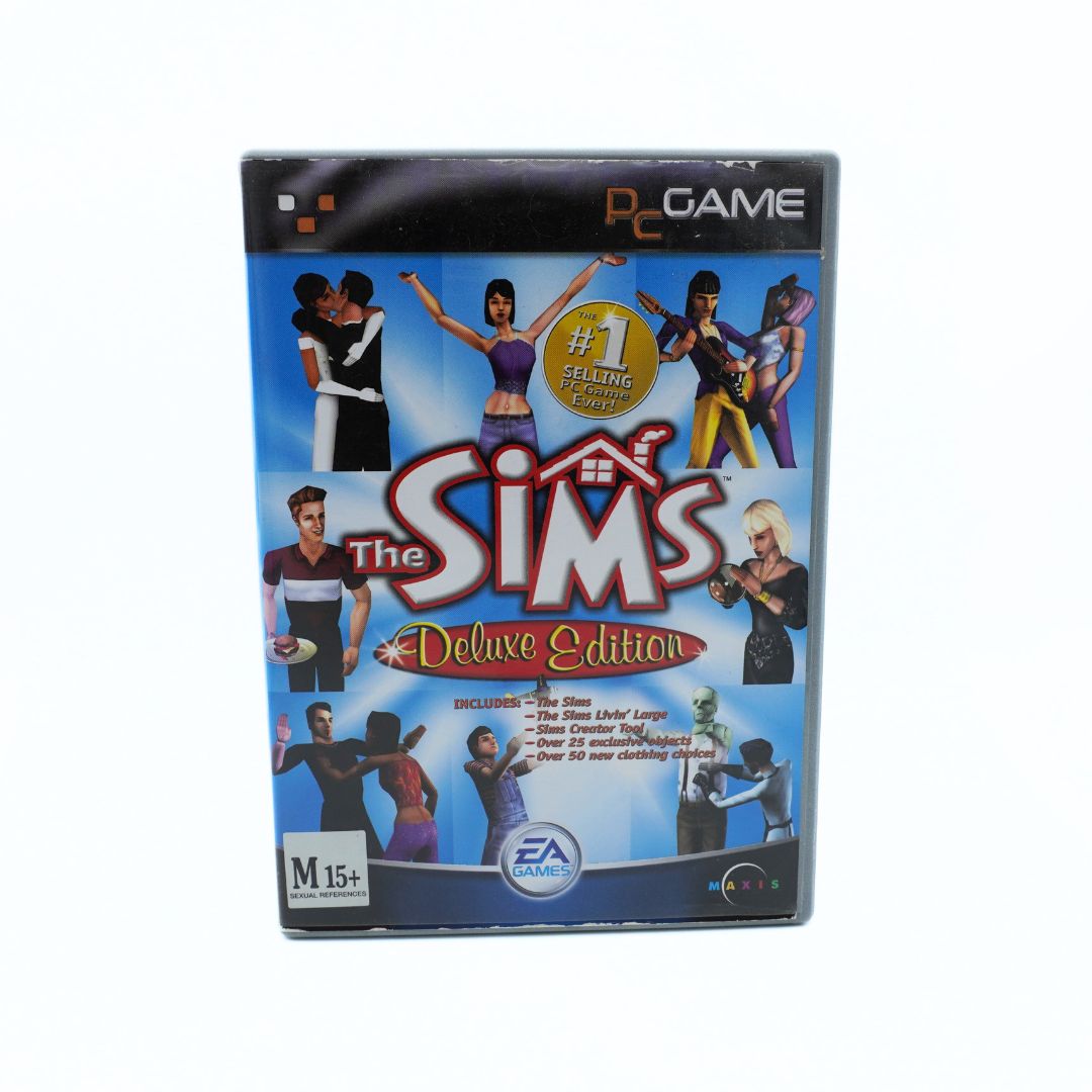 Front on photo of The Sims Deluxe Edition which includes The Sims, The Sims Livin' Large, Sims Creator Tool, over 25 exclusive objects and over 50 new clothing choices