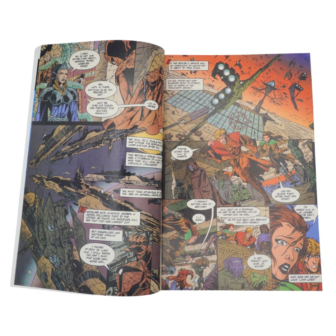 Open comic book with detailed panels and characters on a white background