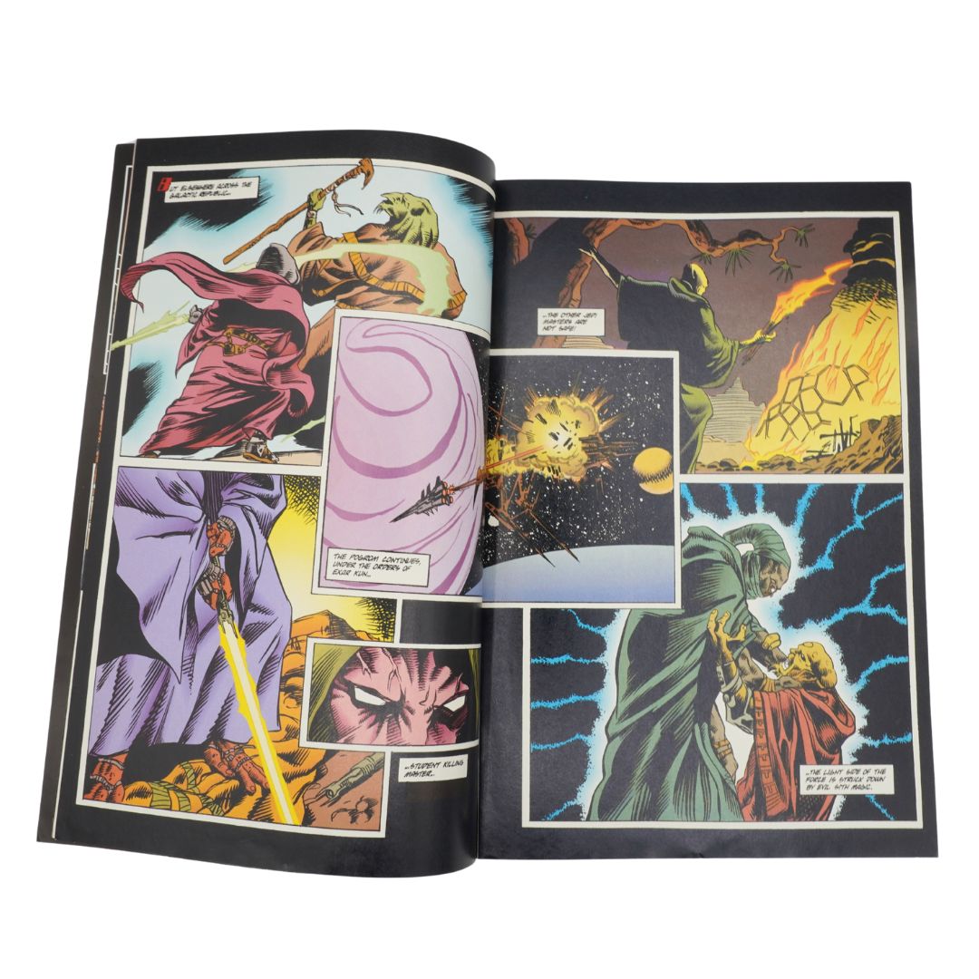 Open comic book with colorful superhero panels on a white background