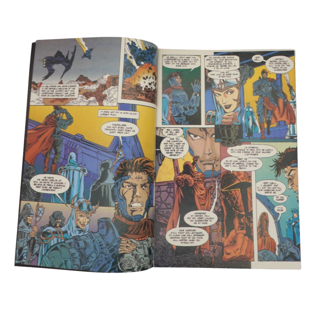 Open comic book with colorful illustrations and text bubbles on a white background