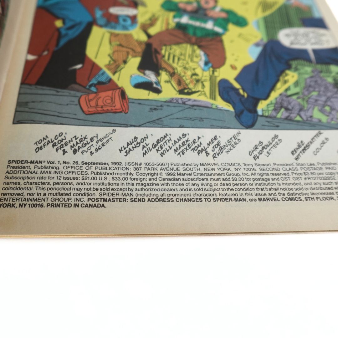 Publishing information on the Spider-Man Vol.1 No. 26 September 1992 issue