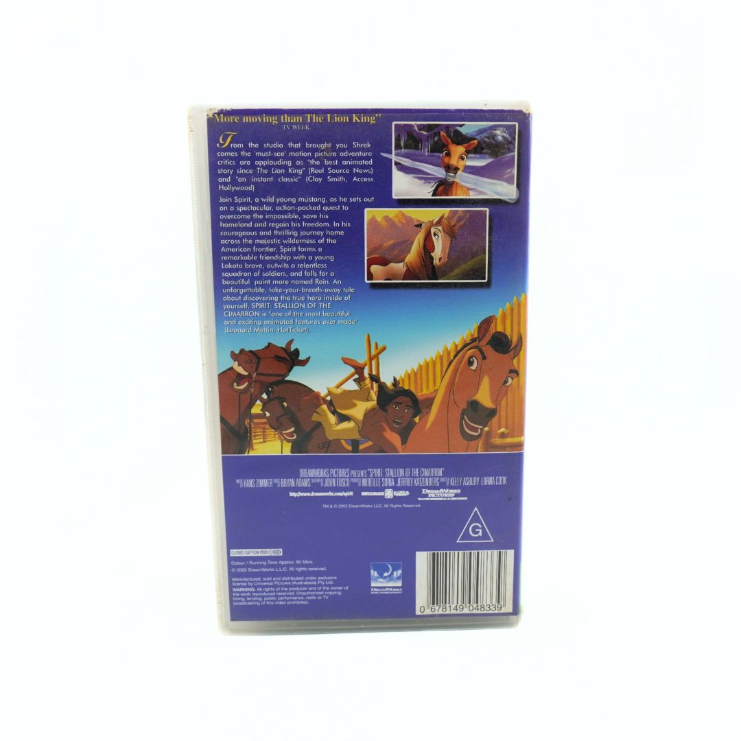Back of the VHS tape of the 2002 Dreamworks film Spirit