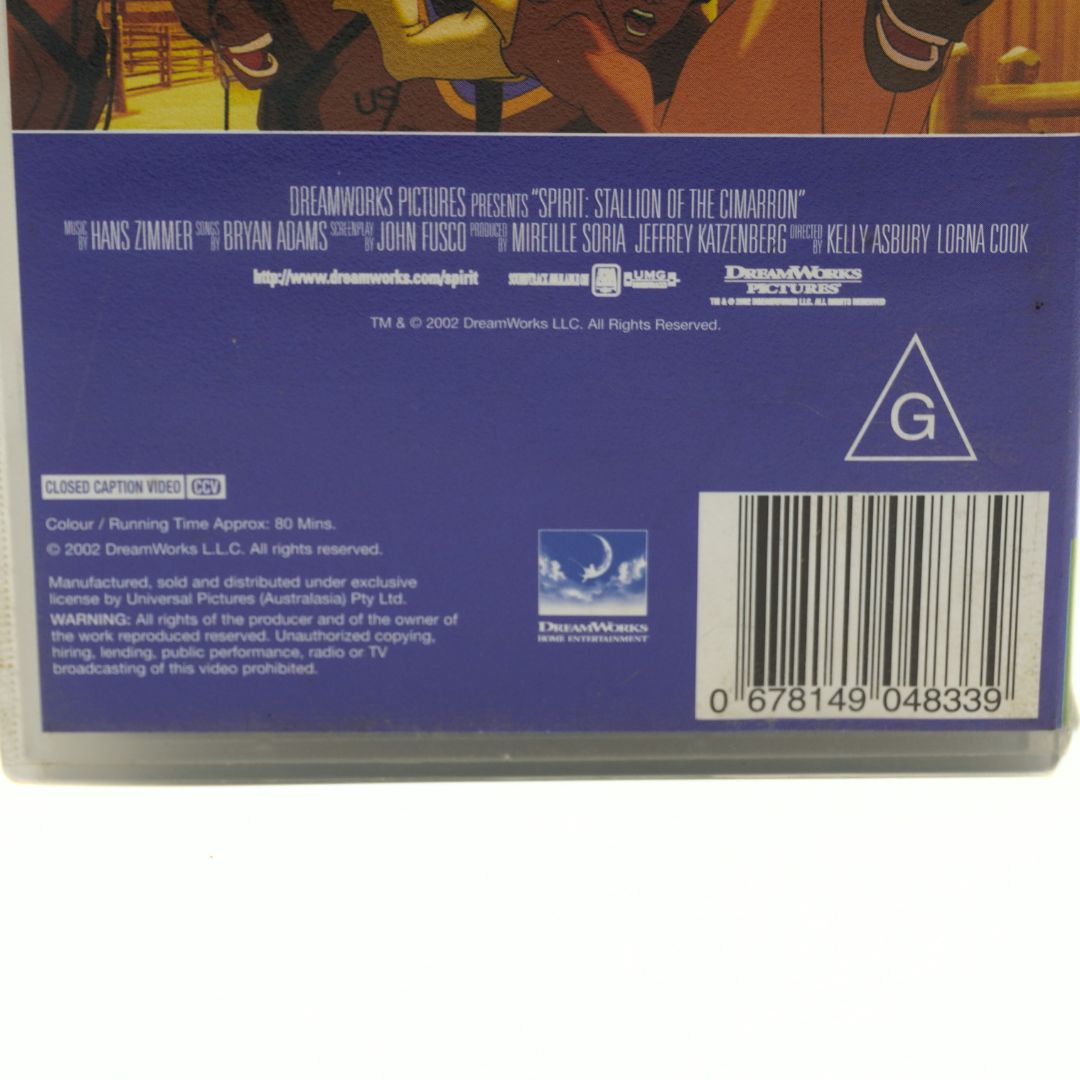 Barcode and branding information at the base of a 2002 Spirit VHS case