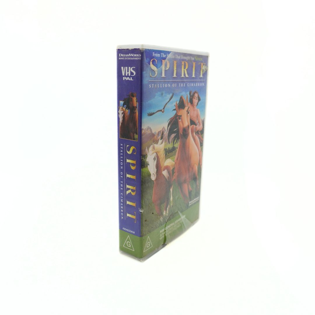 Side on photo of a damaged DreamWorks Spirit VHS clamshell case