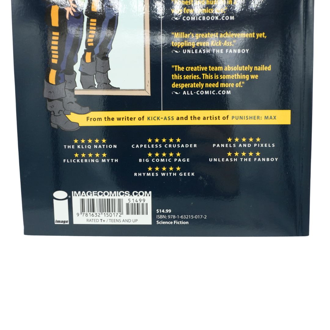 Back cover of a comic book featuring a dark navy background with yellow text blocks, a comic-style illustration of a character's legs on the left, and a barcode with Image Comics branding at the bottom.