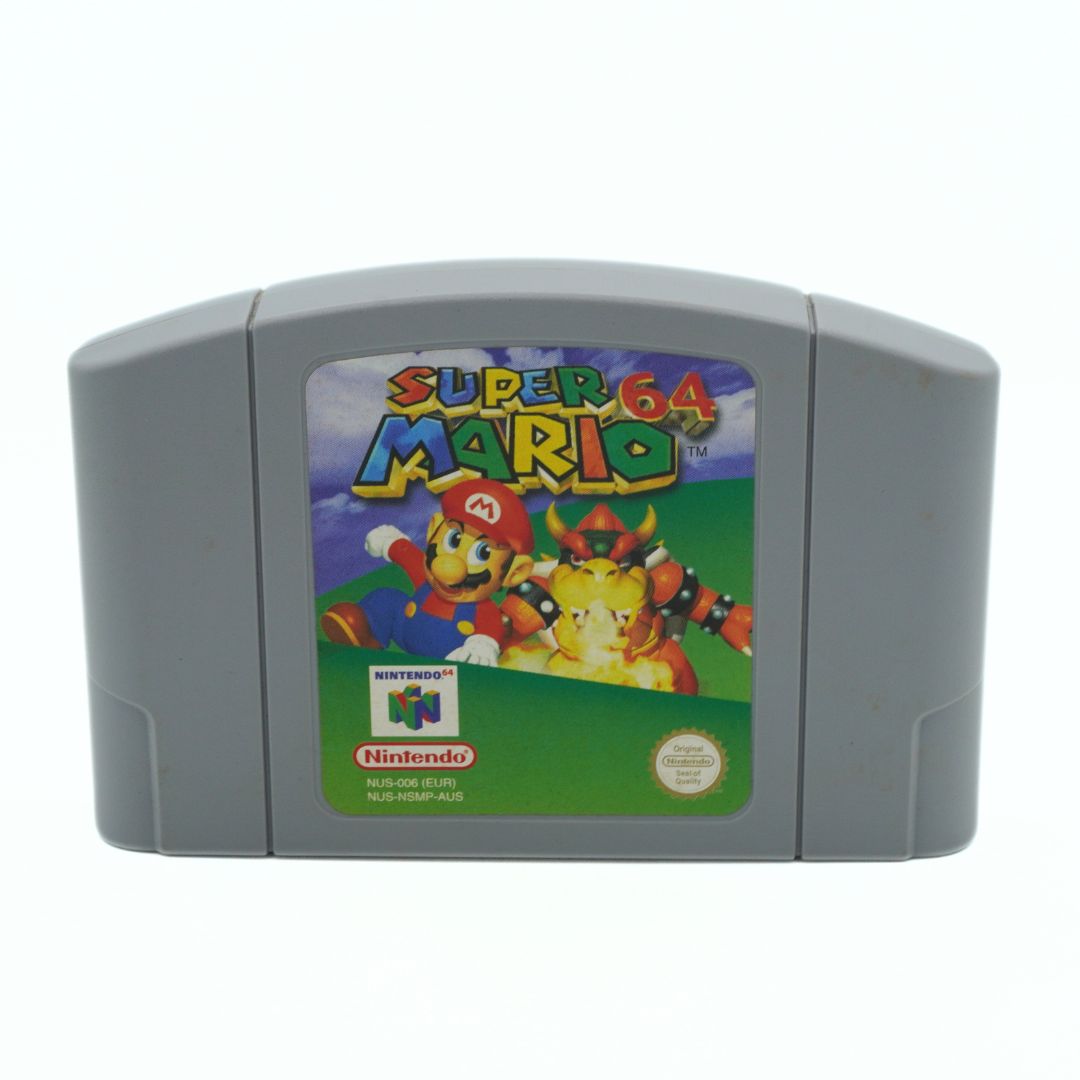 Super Mario 64 game cartridge for Nintendo 64 on a white background