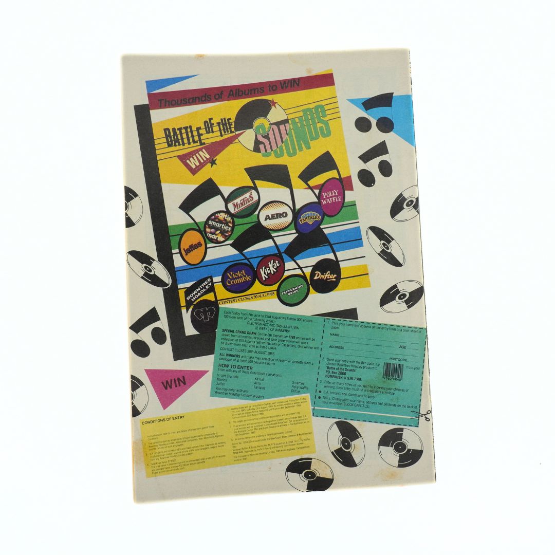 Vintage poster for 'Battle of the Bands' with record design elements on a white background