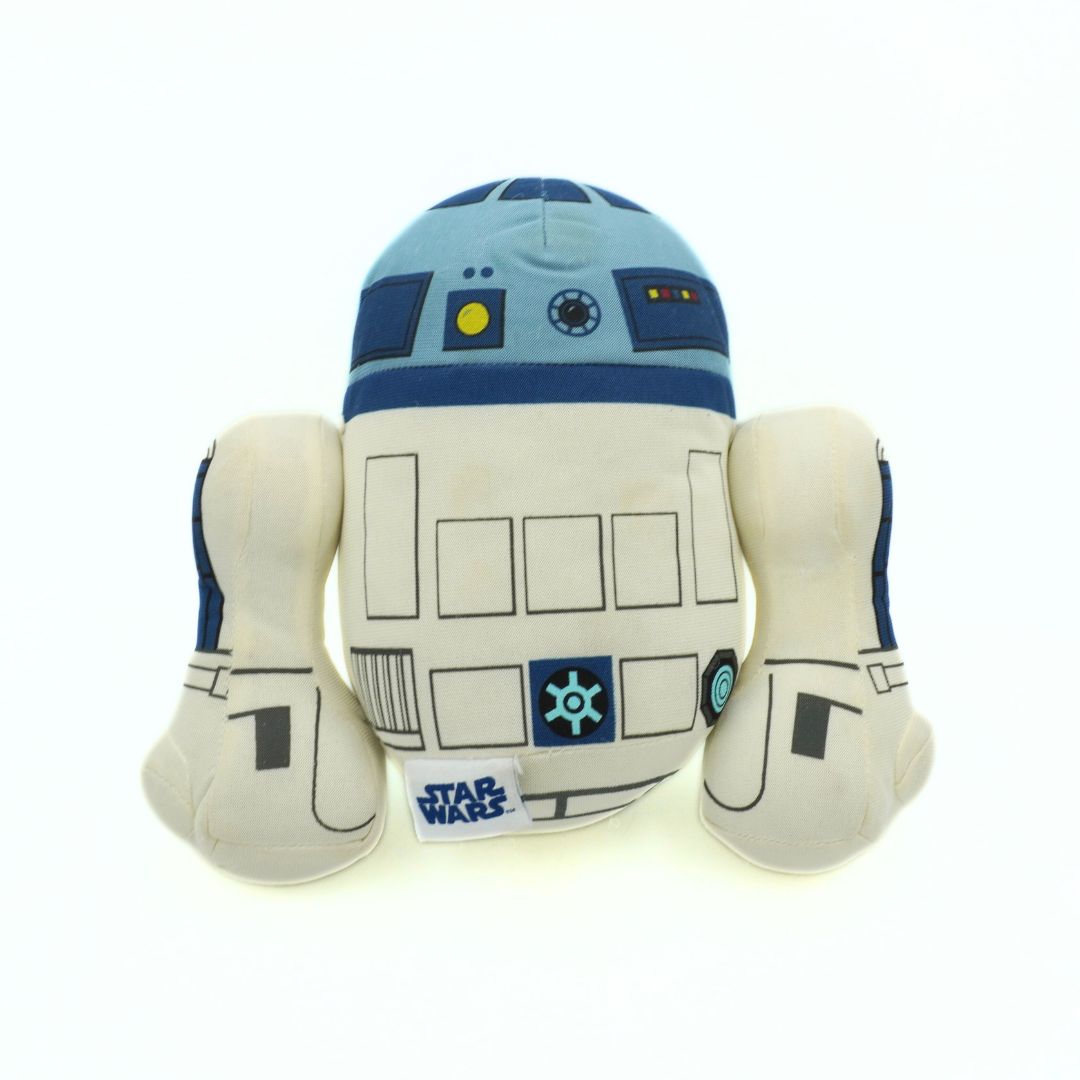 Plush toy of R2-D2 from Star Wars on a white background
