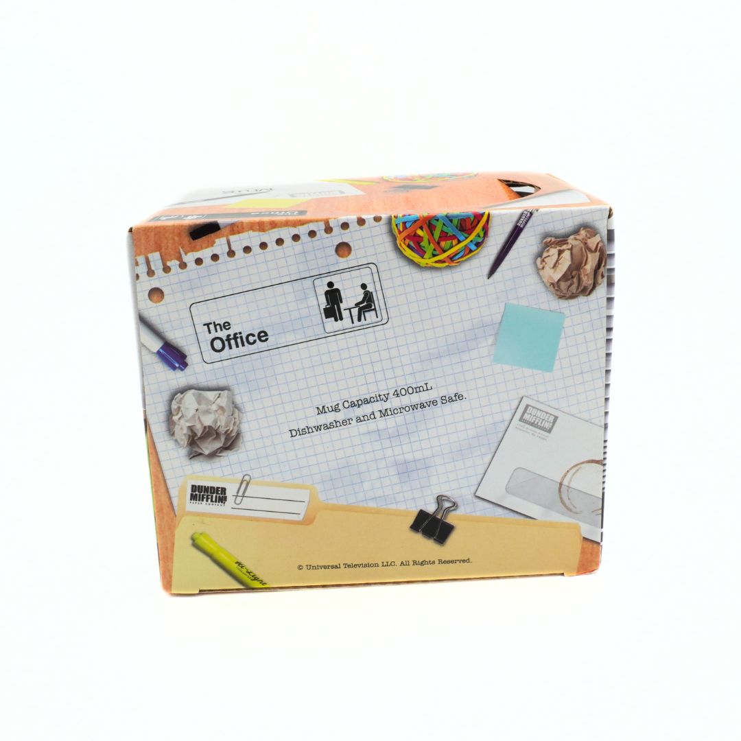 Product packaging for 'The Office' themed mug with office-themed illustrations on a white background.