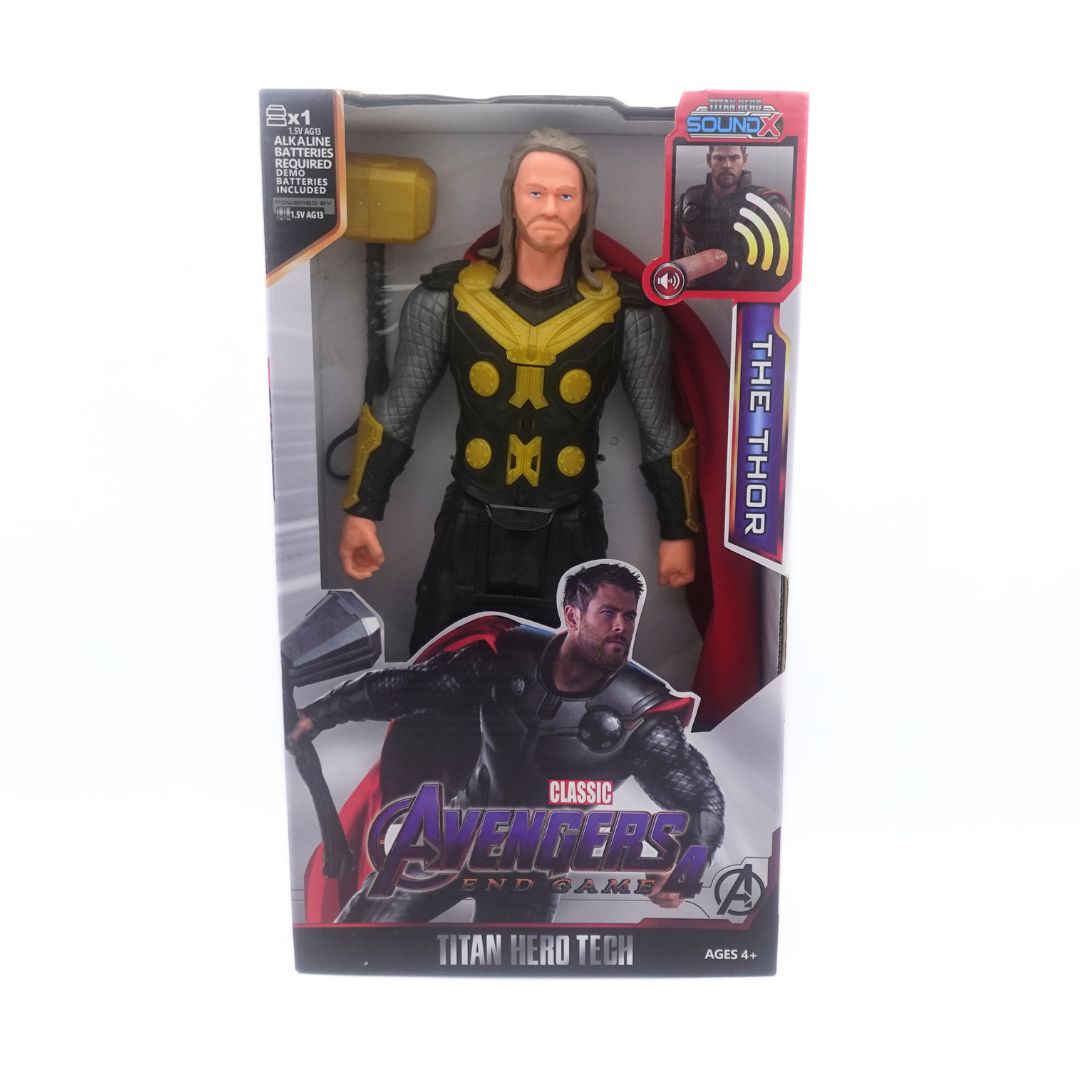 A Chris Hemsworth era Thor figure in a black, yellow and grey outfit inside its packaging released in line with the Avengers Endgame film