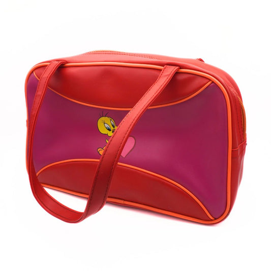 A pink and red Y2K era Tweety Bird bowling bag with fixed top handles