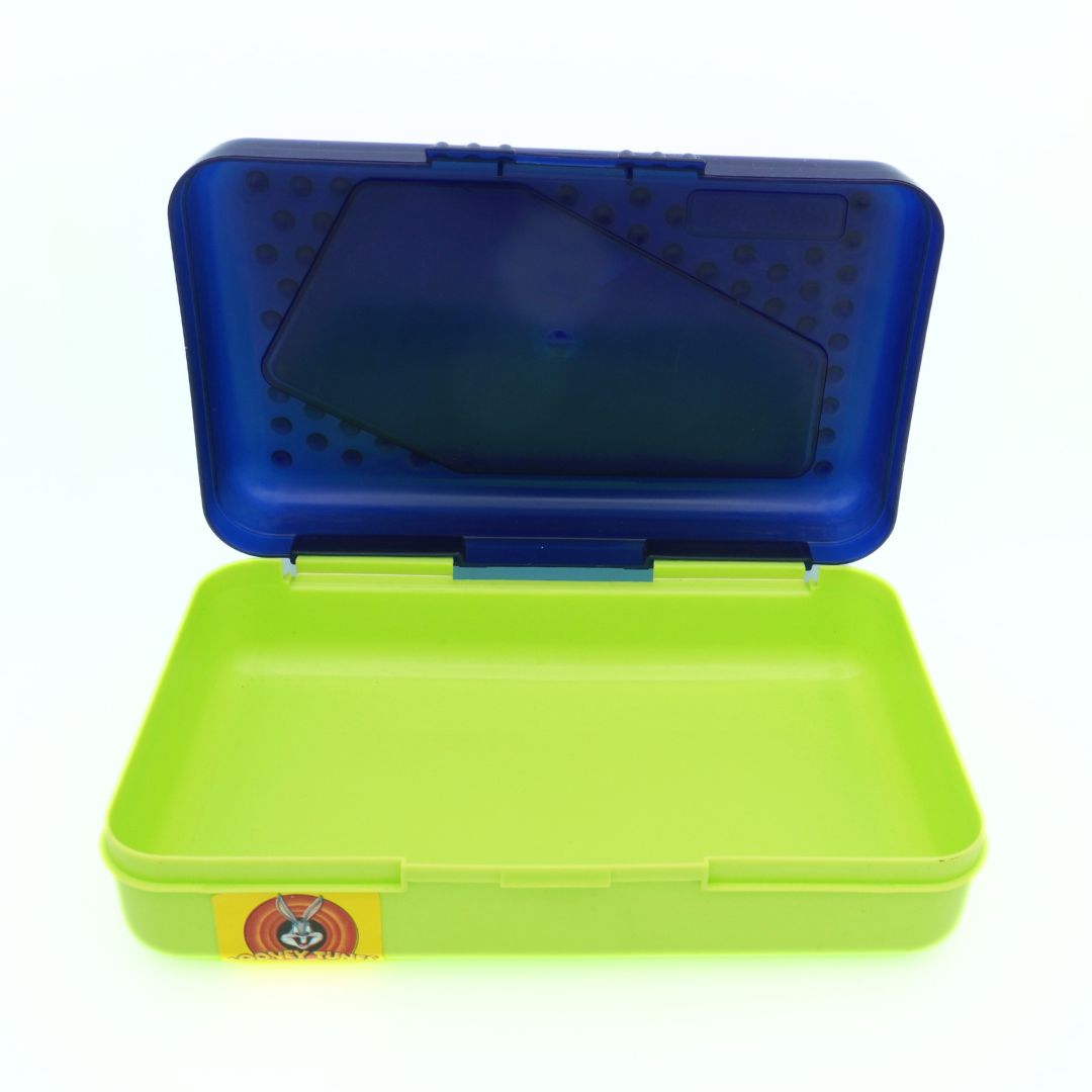 Inside of a 1998 Tweety and Sylvester Pencil Case with a green and navy blue design