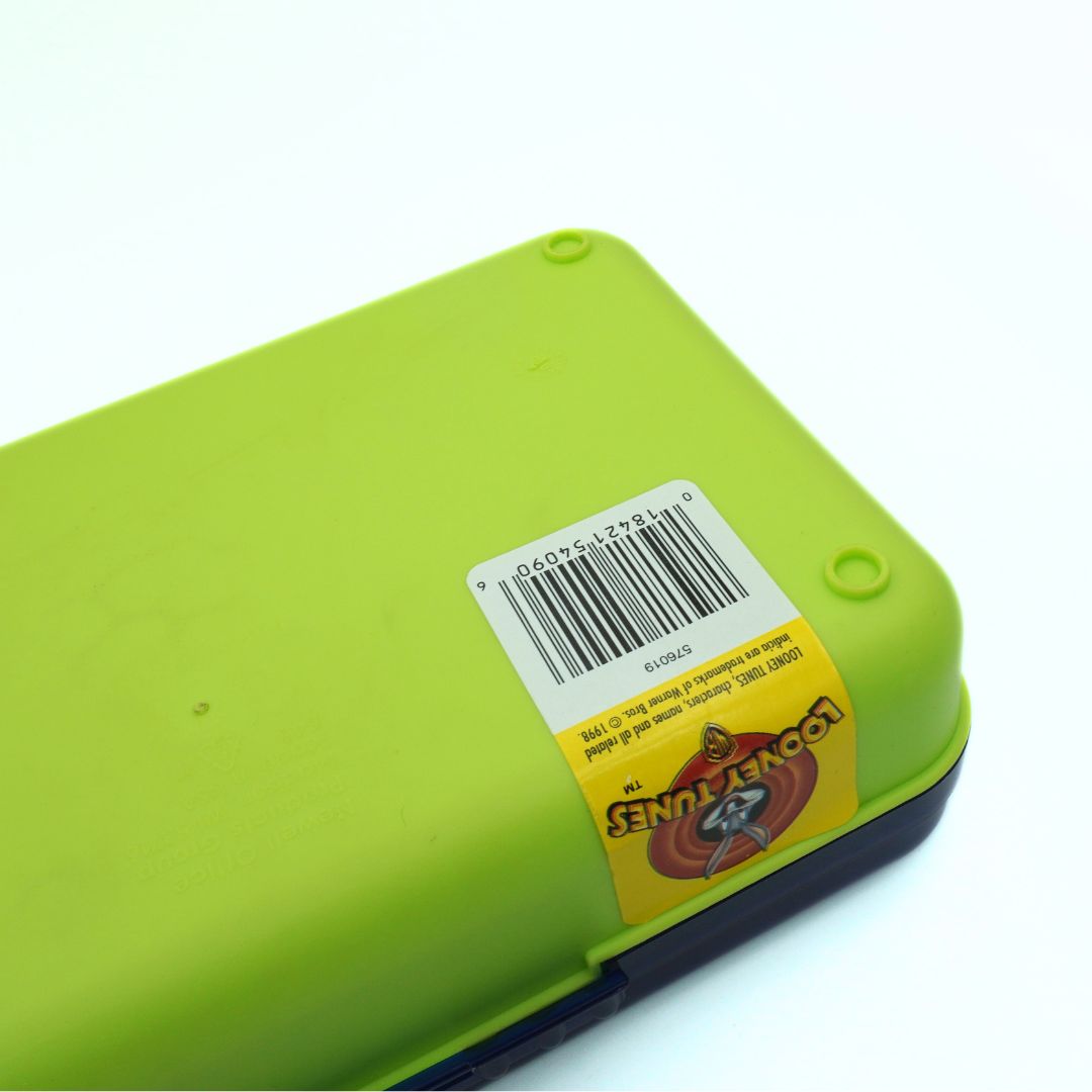 Barcode and Looney Tunes logo on the underside of a 1998 Tweety and Sylvester pencil case