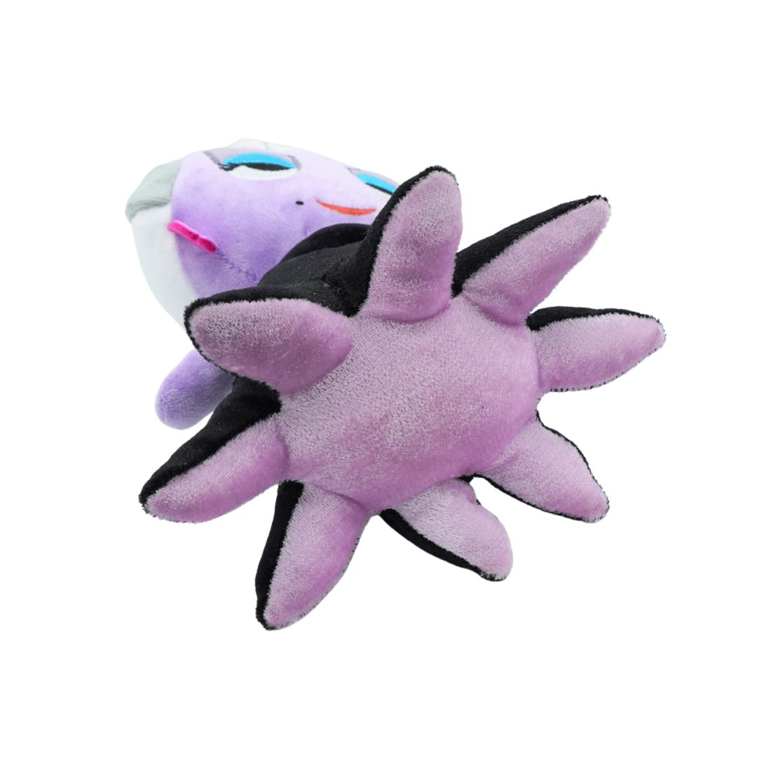 Purple and black plush toy resembling a starfish on a white background